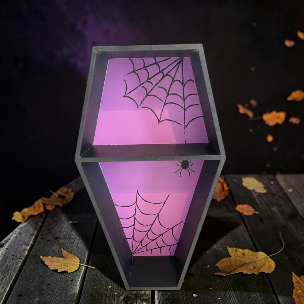 Hyde & EEK Boutique Halloween Coffin Display Shelf Purple Spiderweb Decor